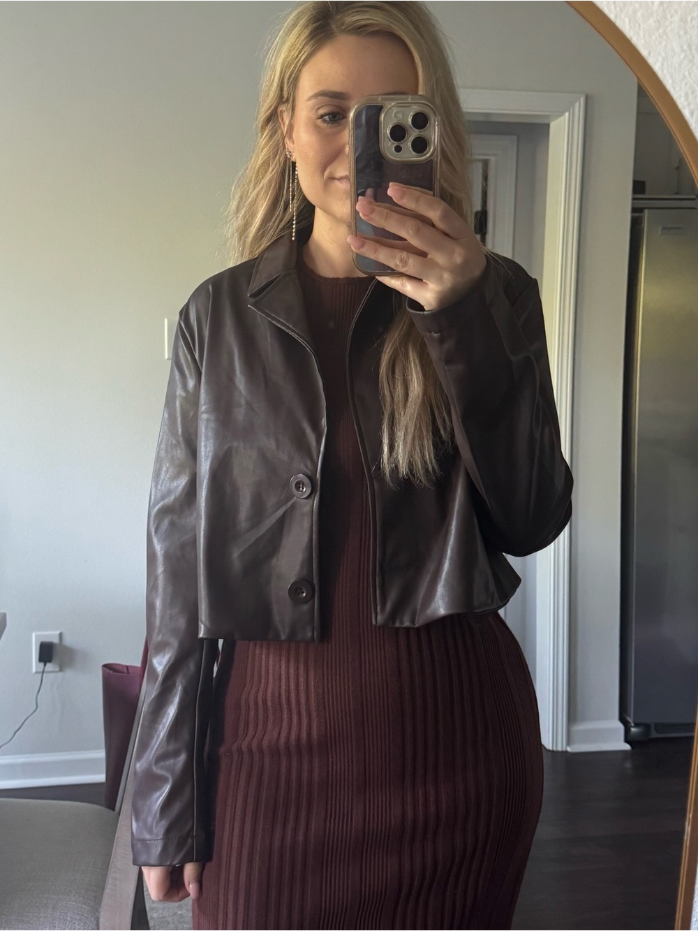 Cropped Brown Faux Leather Jacket - Women's - Picture 2 of 10